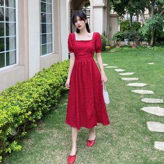 Puff-sleeve Embellished Square-neck Peplum Top