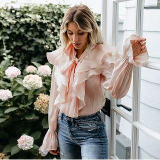 Flared-cuff Ruffled Chiffon Blouse