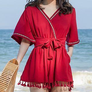 Elbow-sleeve V-neck Romper