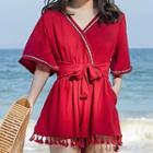 Elbow-sleeve V-neck Romper