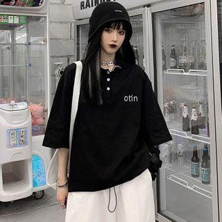 Elbow-sleeve Lettering Print Henley T-shirt