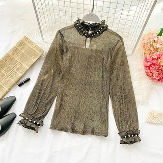 Mock Neck Embellished Sheer Mesh Blouse