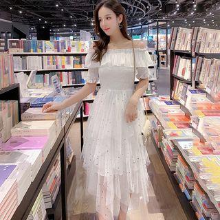 Off-shoulder Asymmetric Mesh Dress