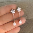 925 Sterling Silver Faux Pearl Faux Crystal Flower Dangle Earring Silver - One Size