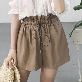 Set: Plain Off Shoulder Elbow Sleeve Top + High Waist Shorts