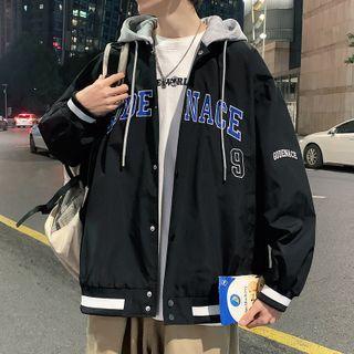 Hooded Letter Embroidered Baseball Jacket