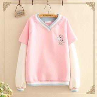 Inset Dog Embroidered V-neck Sweater