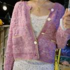 Melange Knit Loose Fit Cropped Cardigan Light Purple - One Size