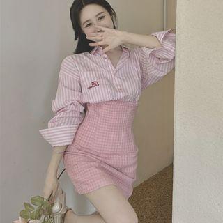 Striped Shirt / High Waist Plaid Pencil Skirt