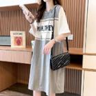 Elbow-sleeve Hood Lettering T-shirt Dress