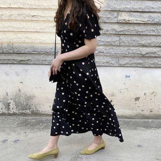 Floral Print Short-sleeve Maxi A-line Dress Black - One Size