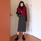 V-neck Loose-fit Knit Vest / Plain Long-sleeve Top / Dot Skirt