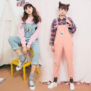 Tie Strap Embroidered Corduroy Pinafore Jumpsuit