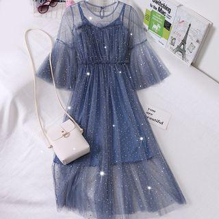 Set: Elbow-sleeve Sequin A-line Mesh Dress + Slipdress