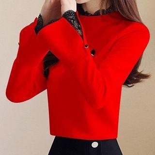 Long-sleeve Bell-sleeve Lace Trim Top