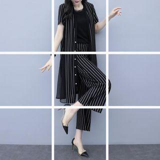 Set: Top + Short-sleeve Striped Light Jacket + Cropped Pants