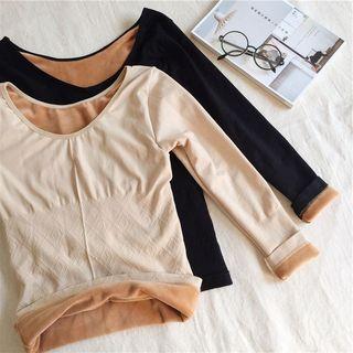 Plain Fleece-lined Slim-fit Long-sleeve Top