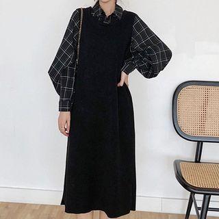 Long-sleeve Mock Two-piece Plaid Midi Collared Dress
