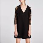 3/4-sleeve Lace-panel Ruffled Dress