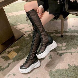 Platform Lace-up Perforated Tall Boots