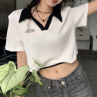 Short-sleeve Lapel Contrast Trim Asymmetrical T-shirt