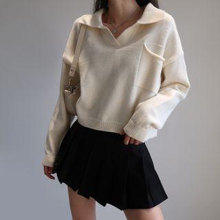 Plain V-neck Long-sleeve Knit Top Off-white - One Size