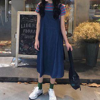 Short-sleeve Striped T-shirt / A-line Midi Denim Dungaree Dress