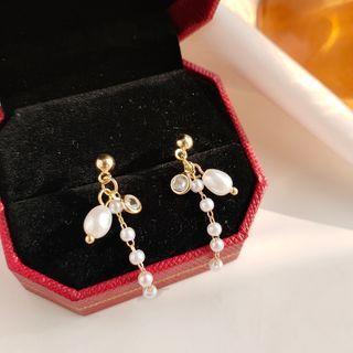 Faux Pearl Fringed Earring 1 Pair - 925 Silver Needle - Faux Pearl - Gold - One Size