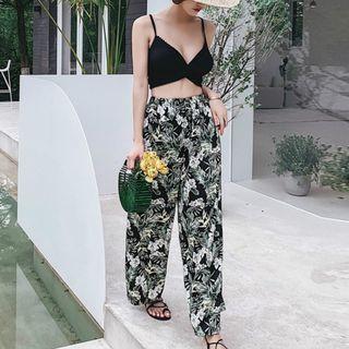 Set: Scallop Trim Bikini + Flower Print Wide-leg Pants