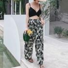 Set: Scallop Trim Bikini + Flower Print Wide-leg Pants