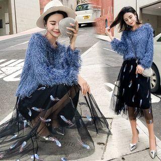 Fringe Sweater / Feather Embroidered Midi Mesh Skirt