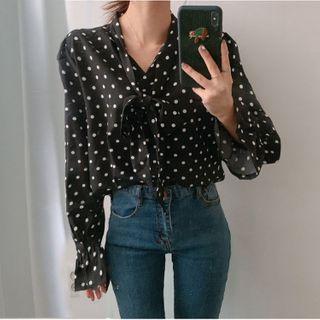 Dotted Tie-neck Blouse Black - One Size