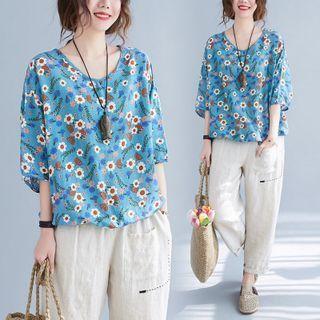 Elbow-sleeve Flower Print Blouse Floral - Blue - One Size