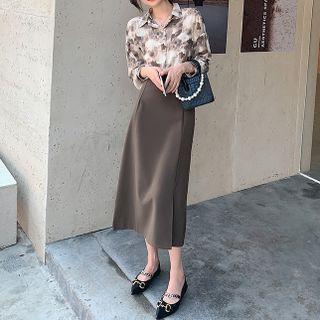 Set: Print Shirt + Plain Midi A-line Skirt