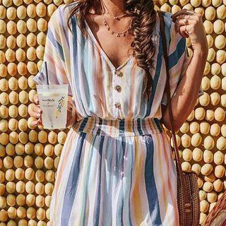 V-neck Short-sleeve Mix-color Striped Playsuit