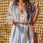 V-neck Short-sleeve Mix-color Striped Playsuit