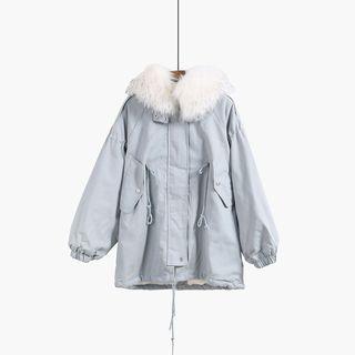 Faux Fur-trim Hooded Coat Light Blue - One Size