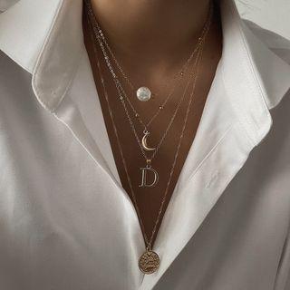 Alloy Disc & Alphabet Pendant Layered Necklace 2762 - Gold - One Size