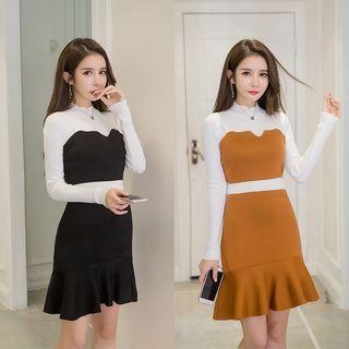 Set: Mock Neck Knit Top + Ruffle Hem Spaghetti Strap Dress