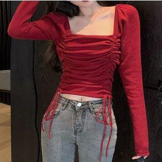 Long-sleeve Square Neck Ruched Top