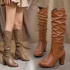 Faux Leather Chunky Heel Shirred Tall Boots