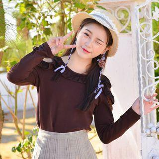 Lace Up Open Shoulder Long-sleeve T-shirt