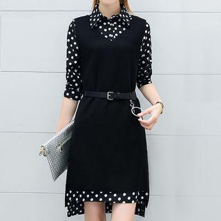 Set: 3/4 Sleeve Shirt Dress + Plain Pinafore Dress