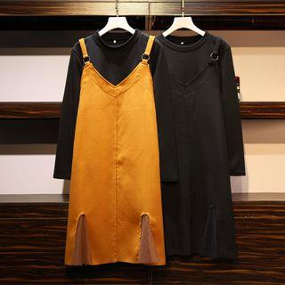 Set: Long-sleeve Mock-neck T-shirt + Denim Jumper Dress