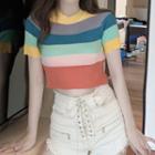 Short-sleeve Rainbow Block Knit Top Stripe - Multicolor - One Size