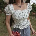 Short-sleeve Flower Print Lace Up Blouse