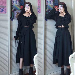 Ruffle Trim Cropped Blouse / Midi A-line Skirt