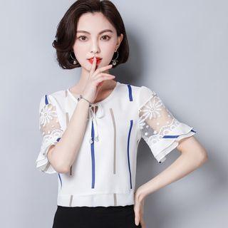 Lace Panel Short-sleeve Print Chiffon Blouse