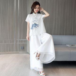 Set: Printed Short Sleeve Cheongsam Top + Wide Leg Pants
