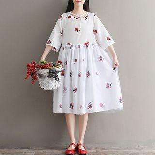 Elbow-sleeve Floral Embroidery Midi Dress